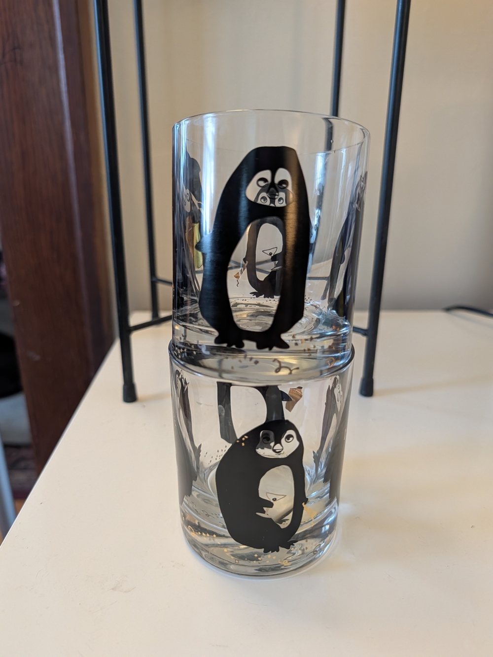 Crate&Barrel Clear Glass Tumbler Set with Black Penguin Motif